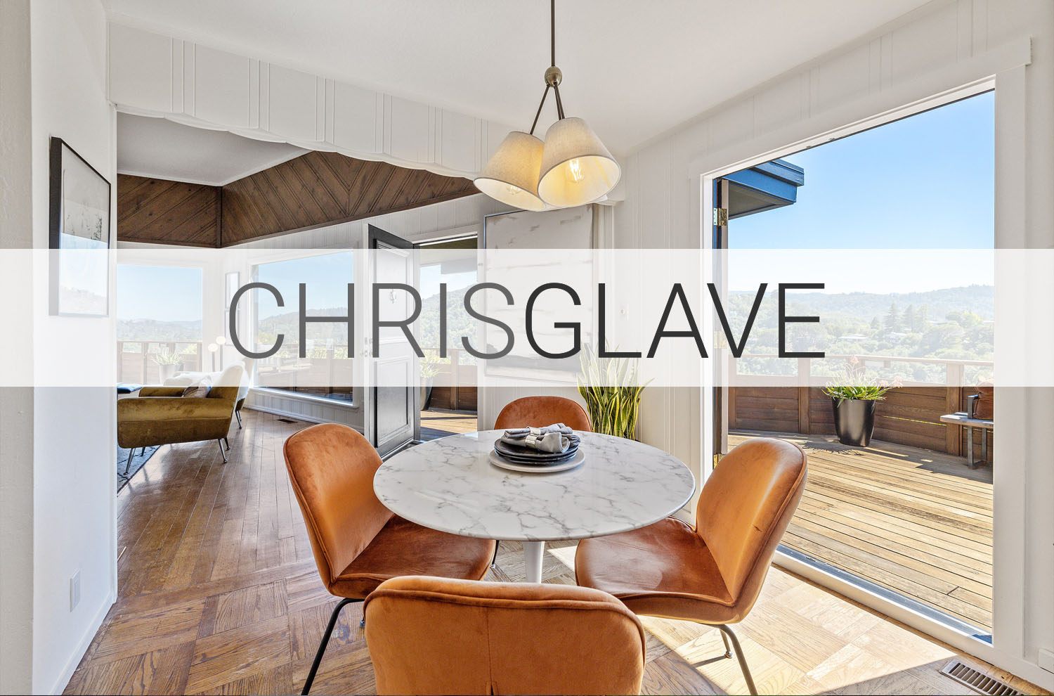 Interior kitchen with Chris Glave's logo